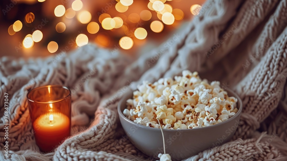 Cozy Evening at Home with a Bowl of Popcorn, Comfortable Knit Sweater, and Warm Ambient Light Cozy Evening at Home with a Bowl of Popcorn, Comfortable Knit Sweater, and Warm Ambient Light