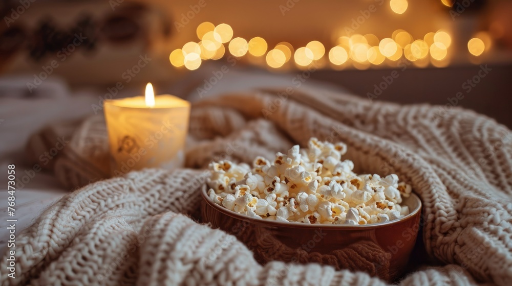Cozy Evening at Home with a Bowl of Popcorn, Comfortable Knit Sweater, and Warm Ambient Light Cozy Evening at Home with a Bowl of Popcorn, Comfortable Knit Sweater, and Warm Ambient Light
