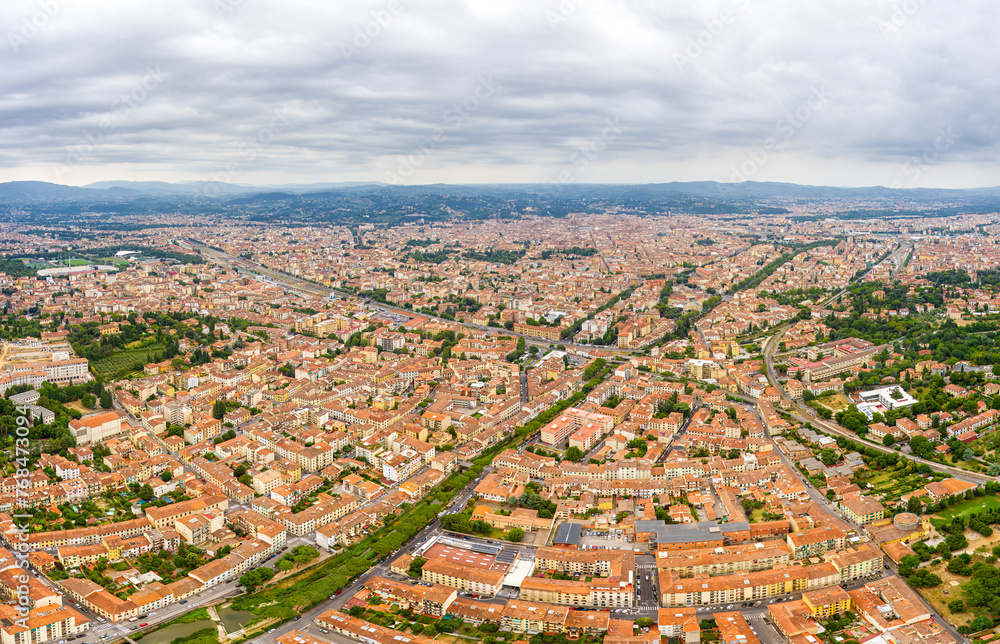 Florence, Italy. General view of the city on a cloudy day. Aerial view