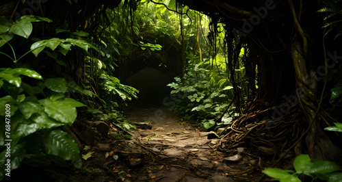 a very narrow and overgrown path through the jungle