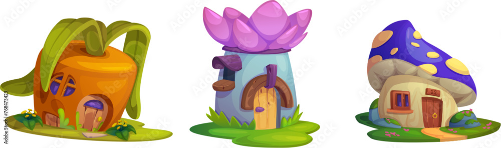 Mushroom house for cute fantasy fairy tale cartoon. Fairytale gnome, dwarf and elf home set. Funny cottage with garden, window, door and roof. Isolated miniature little magic hut for story landscape - obrazy, fototapety, plakaty 