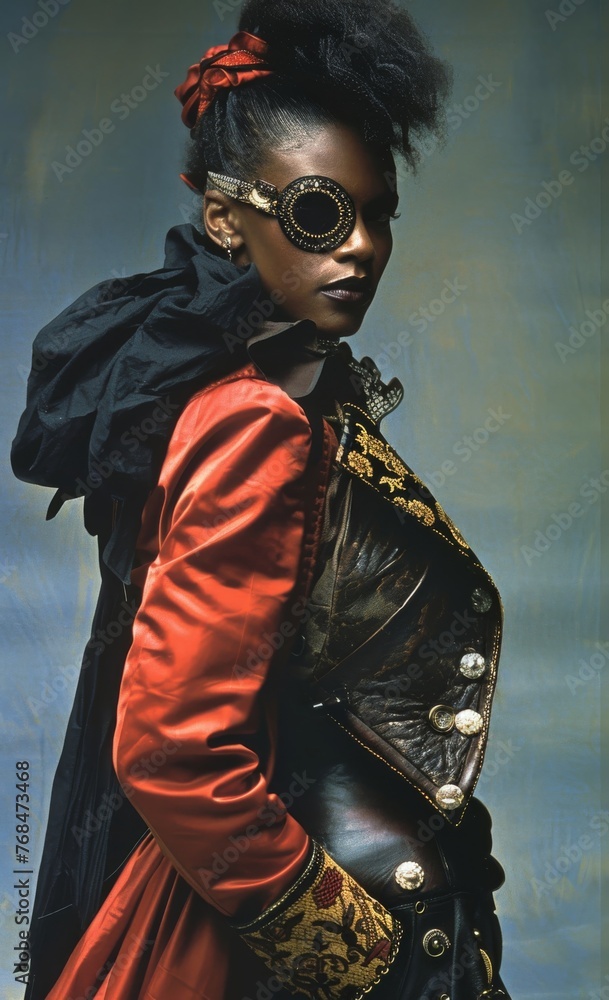 Steampunk-inspired fashion portrait. A model exhibits a unique steampunk-inspired outfit with intricate detailing and accessories Steampunk-inspired fashion portrait. A model exhibits a unique steampunk-inspired outfit with intricate detailing and accessories