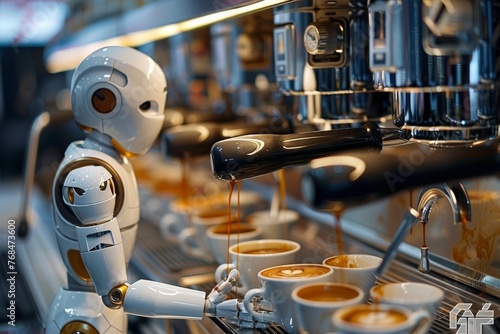 AI robot makes coffee in a cafe or restaurant