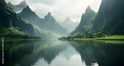a large lake with water and mountains in the background photo