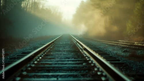 A deserted train track disappearing into the fog leaving a sense of mystery and intrigue in its wake.