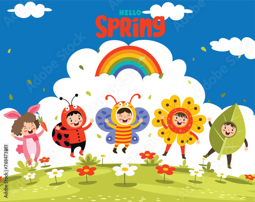 "Experience the vibrant essence of spring with our 'Hello Spring' vector featuring adorable children adorned in whimsical costumes surrounded by cheerful flora. Dive into a world of joy and freshness!