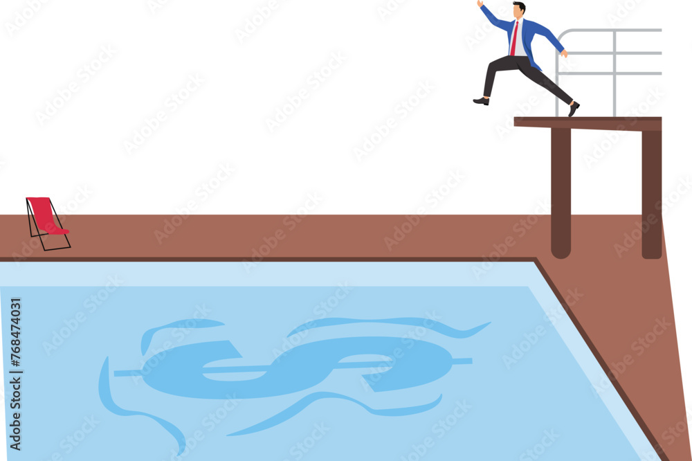 Love of money, the pursuit of money, profit or higher income, greed and lust, isometric businessmen standing on the diving platform ready to jump into the pool of money Love of money, the pursuit of money, profit or higher income, greed and lust, isometric businessmen standing on the diving platform ready to jump into the pool of money