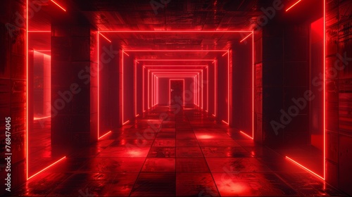 An immersive corridor with glowing red neon lights, offering a dark and industrial futuristic feel. © Tonton54