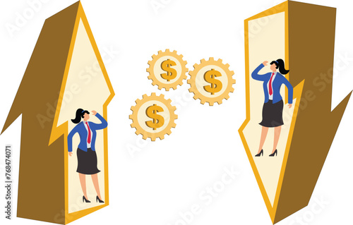 Business investment techniques, business strategies, market economic analysis, investment and risk uncertainty, business prices or stocks, exchange rate fluctuations, businesswomen standing on the up 