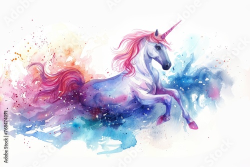 A graceful unicorn in mid-prance, its mane flowing, set against a dynamic background of watercolor cosmic splashes.