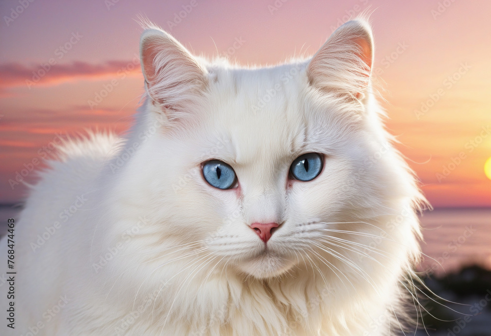 Beautiful fluffy white cat with bicolor eyes on sunset light background colorful background