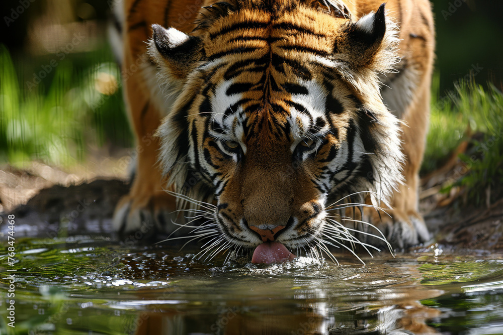 Tiger drinking water, closeup. Generative AI