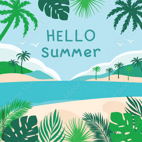 Tropical beach. Illustration with sea  palm trees and beach. Hello summer.