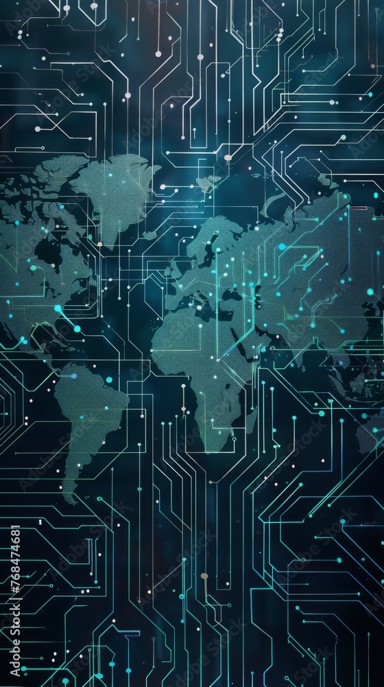 A technological circuit board pattern integrated into the world map, reflecting digital connectivity, A technological circuit board pattern integrated into the world map, reflecting digital connectivity,