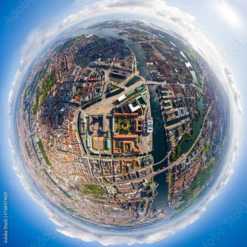 Copenhagen, Denmark. Panorama of the city in summer. Sunny weather with clouds. 360 degree aerial panoramic asteroid