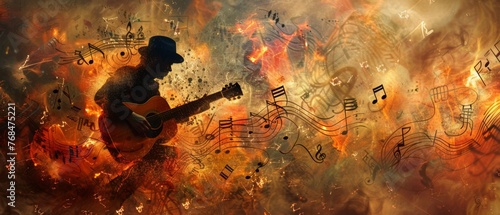 Guitarist silhouette blending with musical notes and fire