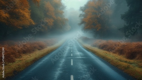 Calm landscape of an asphalt road in white fog. Tranquil and mystical background with copy space. Generative AI