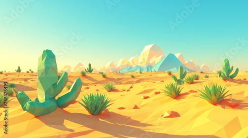 Minimal paper desert  origami cacti and dunes landscape