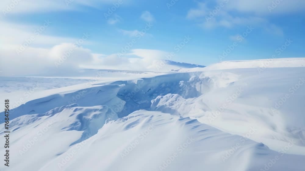 A vast expanse of untouched snow broken only by a deep scar where a powerful avalanche has ripped through the landscape. A vast expanse of untouched snow broken only by a deep scar where a powerful avalanche has ripped through the landscape.