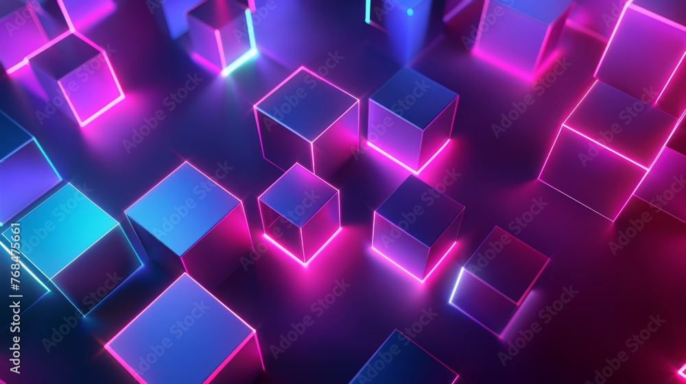 Neon light abstract 3D cubes, modern geometric background Neon light abstract 3D cubes, modern geometric background