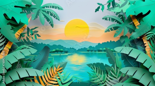 Paper art of tropical landscape, rich nature background
