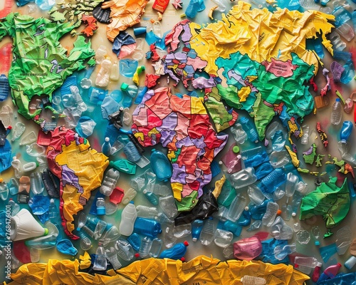 Plastic bottles and bags cluttering the world map, showcasing the waste problem,