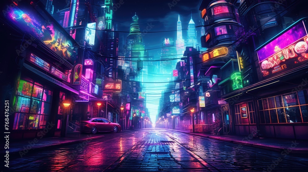 The picture of the neon night time futuristic cyberpunk scifi metropolis yet bright with neon light that fill everywhere of metropolis and fill with tall building and long roadway at night. AIGX01. - obrazy, fototapety, plakaty 