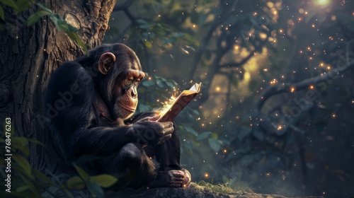 The harmony of nature and technology, chimpanzee reading at the Tree of Life