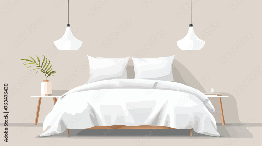 Beautiful white pillow on bed with table light lamp d - obrazy, fototapety, plakaty 
