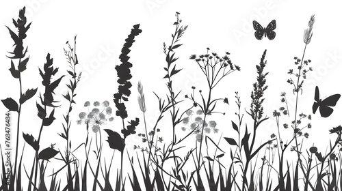 Black silhouettes of grass, flowers and herbs isolated on white background. Hand drawn sketch flowers and insects,  ai generated  #768476484