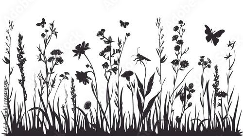 Black silhouettes of grass, flowers and herbs isolated on white background. Hand drawn sketch flowers and insects,  ai generated 
