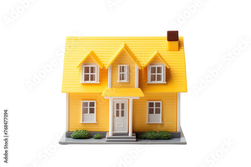 A miniature house model featuring a bright yellow roof and windows. The toy house is meticulously designed, with intricate details that showcase a charming. Isolated on a Transparent Background PNG.