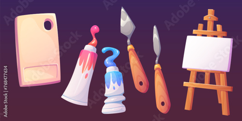 Art tools and supplies for painting hobby and education concept - canvas on wooden easel, spatula and pallette, tube with oil or acrylic paint. Artist materials and accessory for school or store.