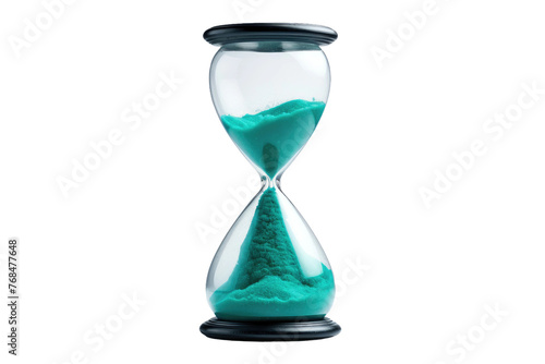 An hourglass filled with blue sand. The sand is running through the narrow center, measuring the passage of time in a visually striking manner. Isolated on a Transparent Background PNG.
