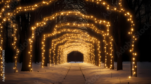 Empty street with a tunnel of string lights