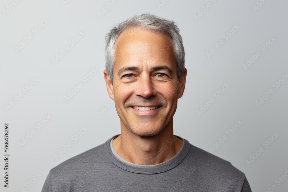 Portrait of a middle-aged man smiling at the camera against grey background Portrait of a middle-aged man smiling at the camera against grey background
