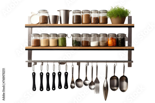 A wooden shelf in a kitchen filled with various utensils such as spatulas, ladles, measuring cups, and cutting boards. Isolated on a Transparent Background PNG. photo