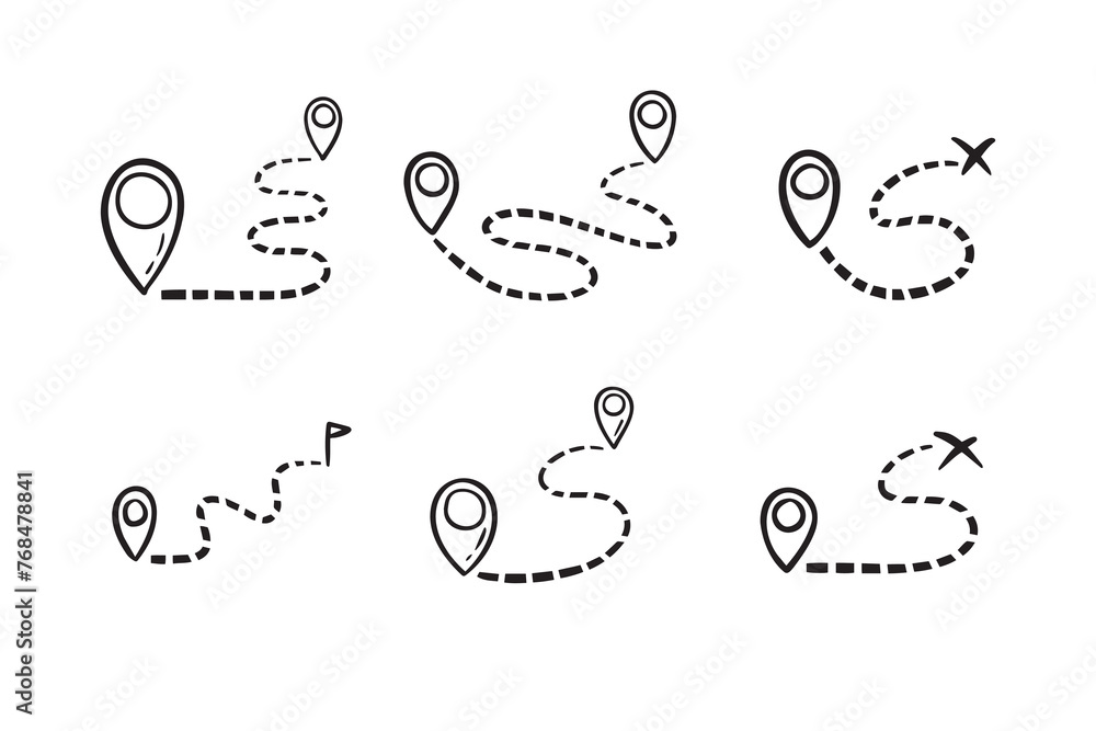 Fototapeta premium hand drawn map distance measuring icon. Doodle Map route vector pictogram isolated set.