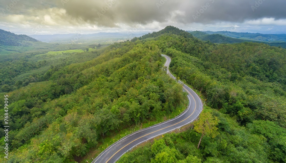 Embraced by Greenery: Top View of Curved Road Through Rainy Forest