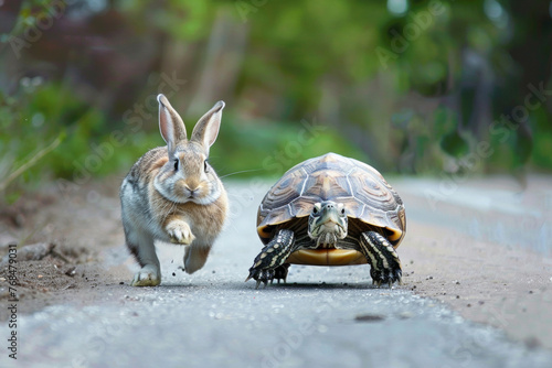 A whimsical scene capturing a rabbit and a turtle in a playful race, reminiscent of the classic fable. The image blends humor and nature, highlighting the contrast between speed and patience