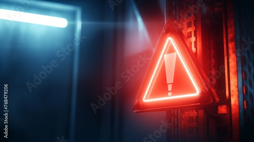 Neon-lit warning sign glowing intensely in a dimly lit industrial environment, epitomizing caution and danger.