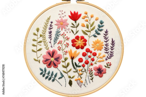 A white embroidery hoop filled with a cluster of colorful flowers, showcasing delicate embroidery work and vibrant floral designs. Isolated on a Transparent Background PNG.