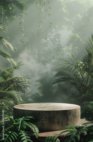 round podium with foggy jungle background generative by ai