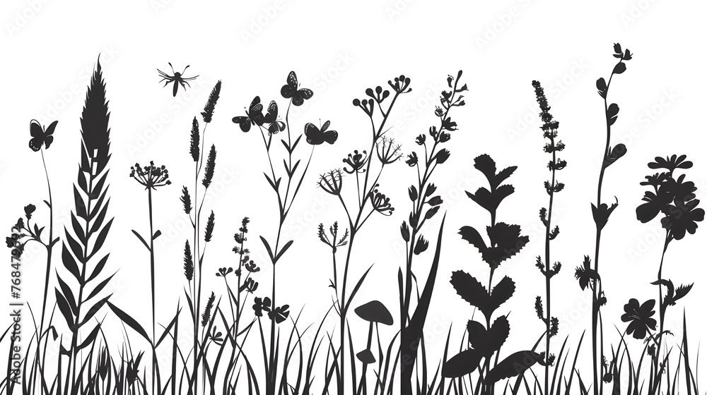 Black silhouettes of grass, flowers and herbs isolated on white background. Hand drawn sketch flowers and insects, Flower, garden grass field outline vector illustration Ai generated  - obrazy, fototapety, plakaty 