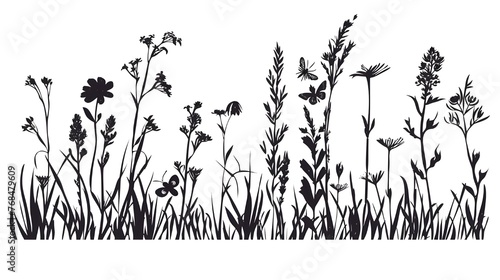 Black silhouettes of grass, flowers and herbs isolated on white background. Hand drawn sketch flowers and insects, Flower, garden grass field outline vector illustration Ai generated 