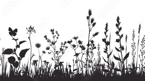 Black silhouettes of grass, flowers and herbs isolated on white background. Hand drawn sketch flowers and insects, Flower, garden grass field outline vector illustration Ai generated  #768479690