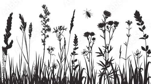 Black silhouettes of grass, flowers and herbs isolated on white background. Hand drawn sketch flowers and insects, Flower, garden grass field outline vector illustration Ai generated  #768479697