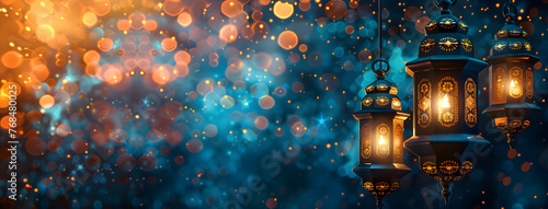 Traditional Islamic lantern and Ramadan Eid Mubarak banner for festive decoration.