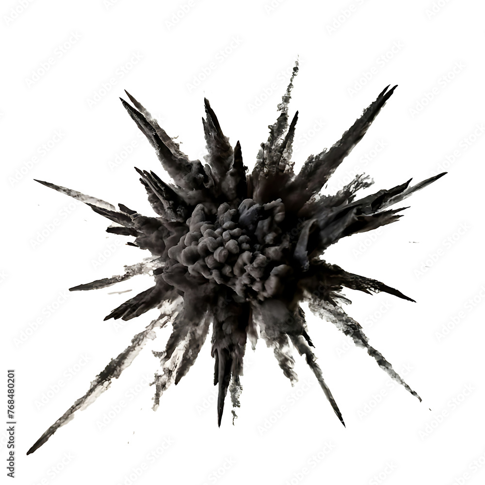 Black chalk pieces and powder flying, explosion effect isolated on white, clipping path. Generative AI Black chalk pieces and powder flying, explosion effect isolated on white, clipping path. Generative AI