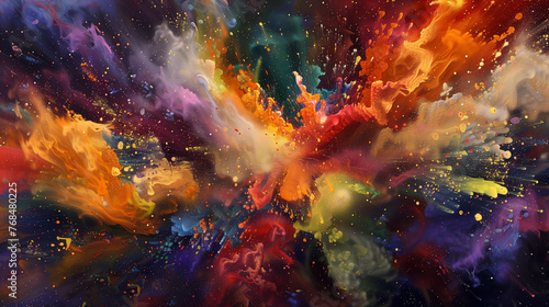 An intricate dance of colorful powder frozen in mid-explosion, each particle a fleeting masterpiece in a canvas of ephemeral chaos.